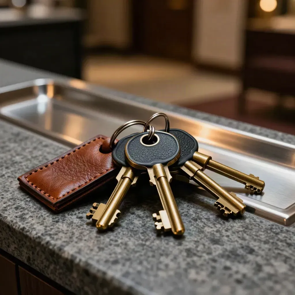Chiavi in ottone e portatessera su pietra ardesia, stile hotel business