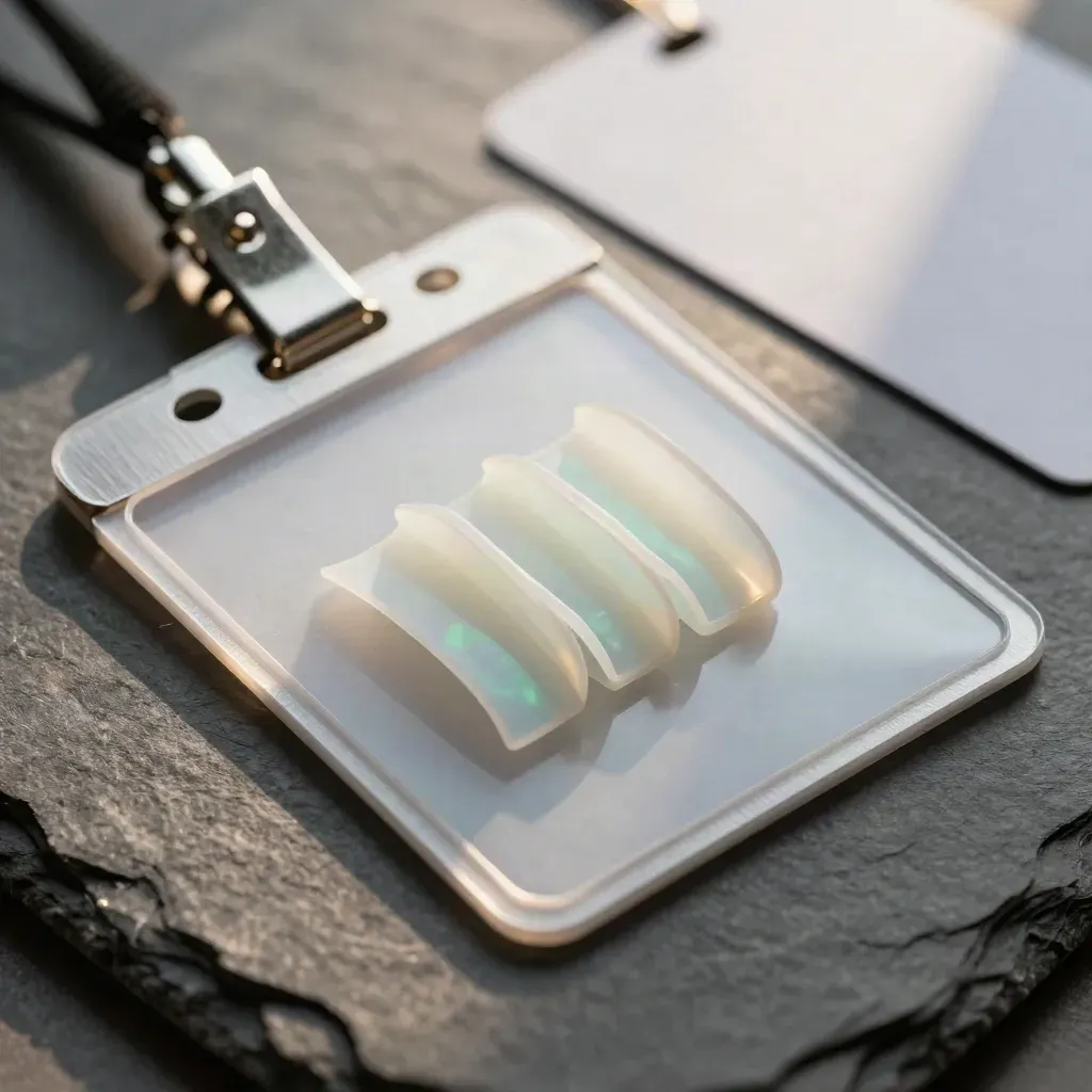 Custodia ID in acrilico opalino, clip metallica e sleeve vuote su fondo ardesia.
