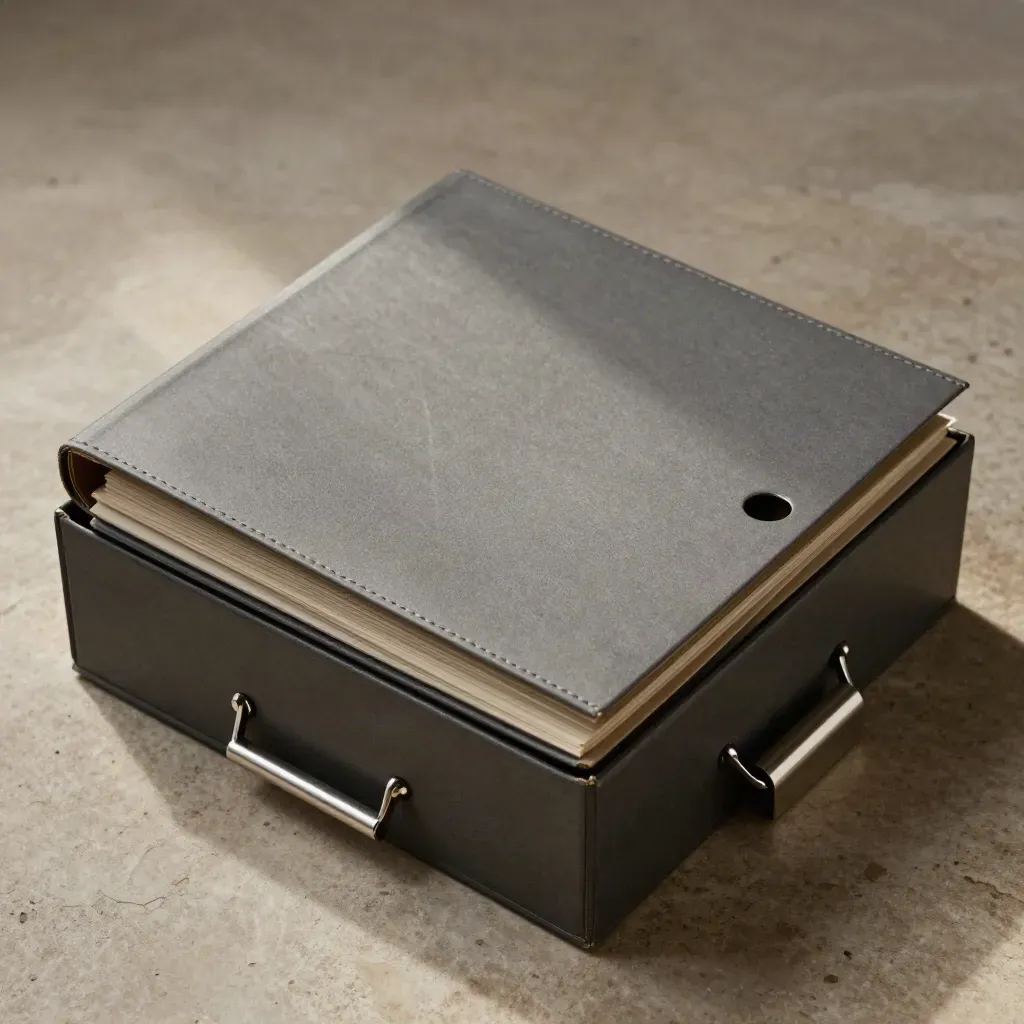 Box archivio con cartelline chiuse e clip metalliche su superficie grigia