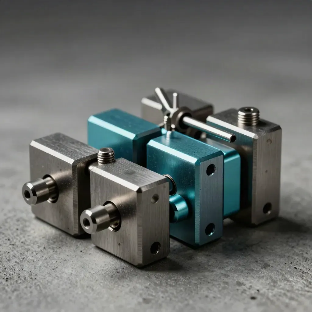 Blocchi metallici modulari e pin di allineamento su cemento, con dettagli turchesi.