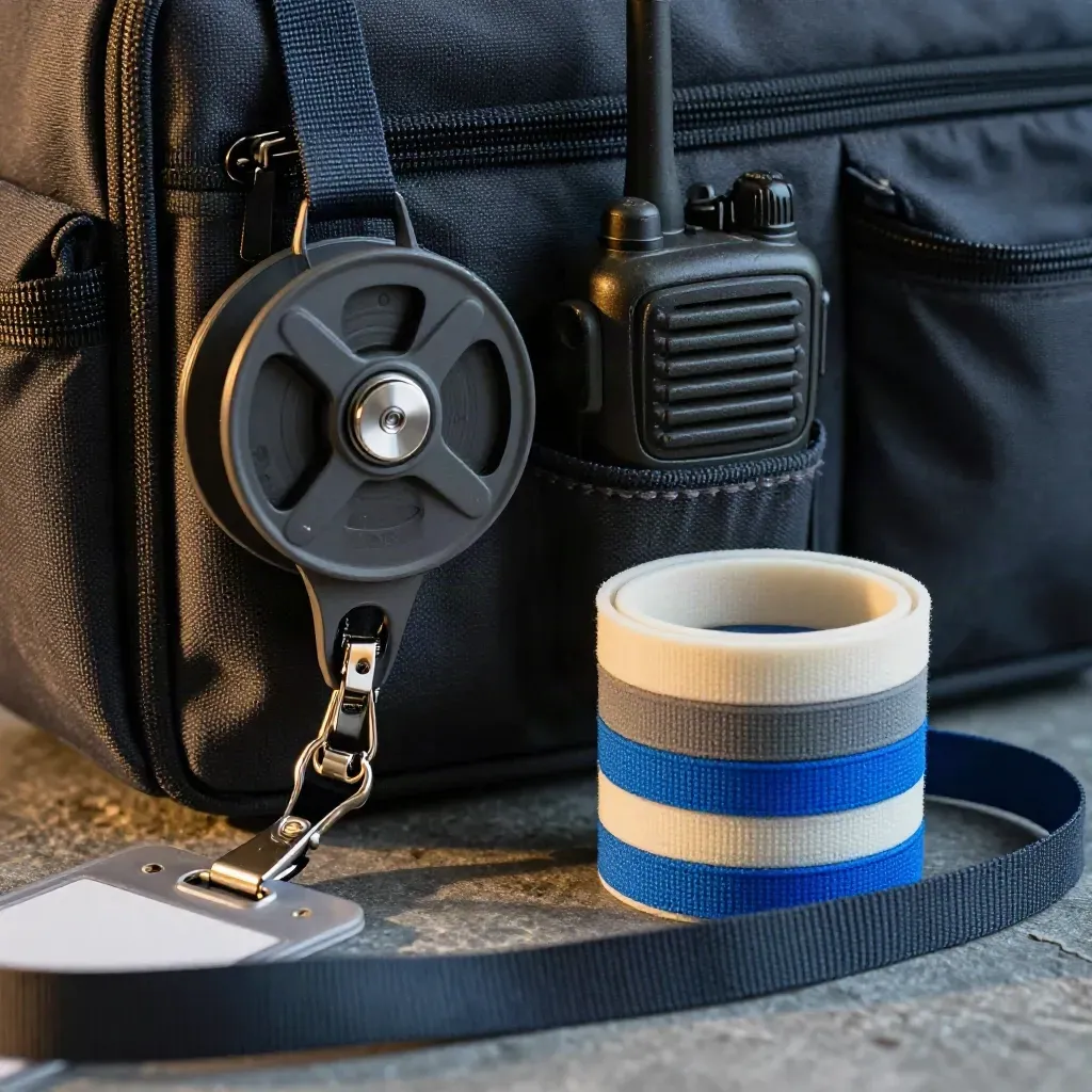 Kit da community manager con radio tascabile, badge reel e laccetto su superficie in pietra.