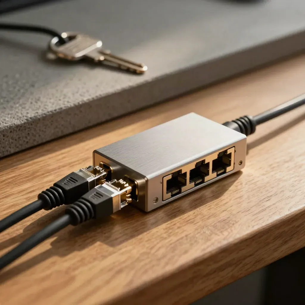 Connettori ethernet, mini hub metallico e pettine cavi su banco in legno, luce drammatica.