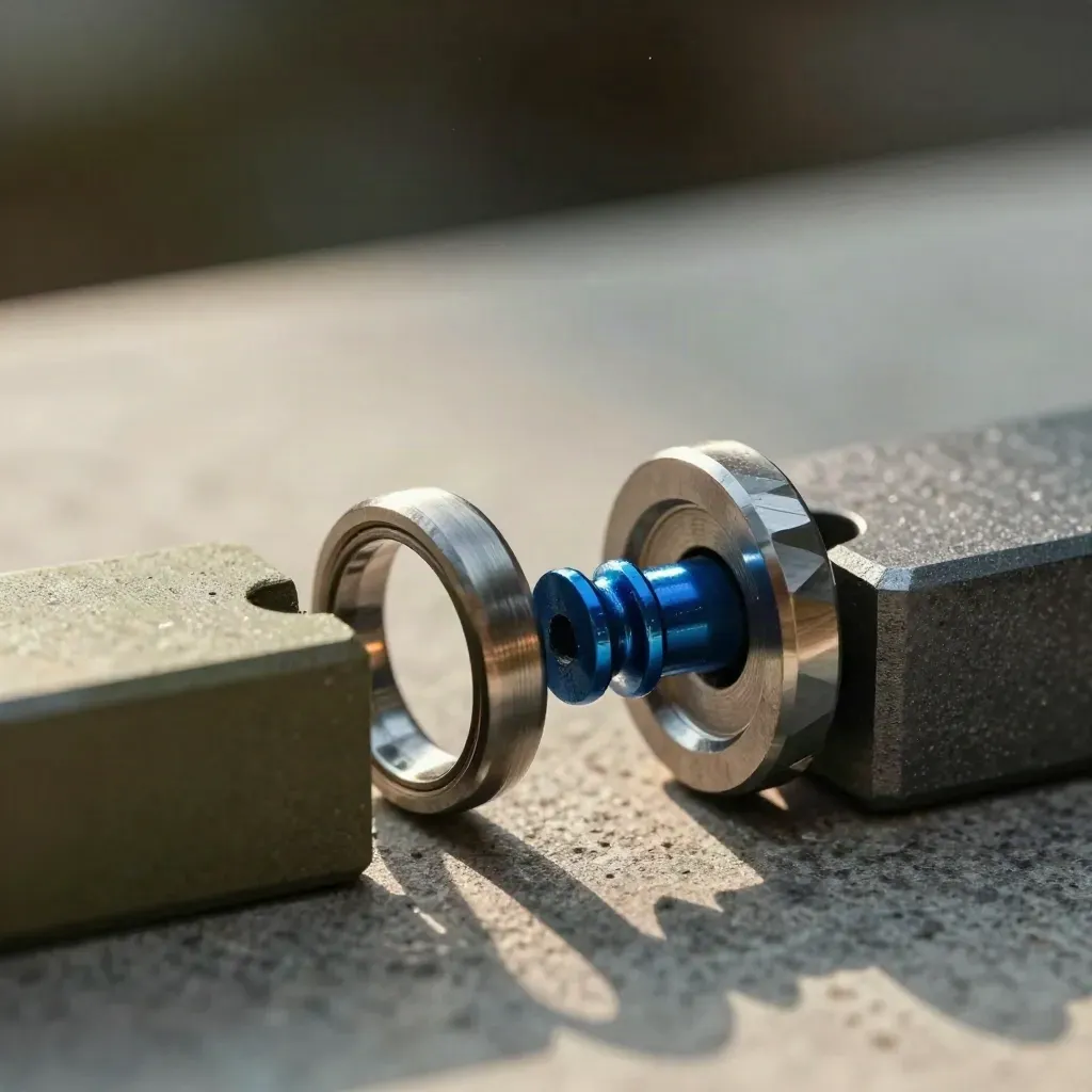 Anelli metallici accoppiati e blocchi di allineamento su pietra scura, con un accento blu elettrico.