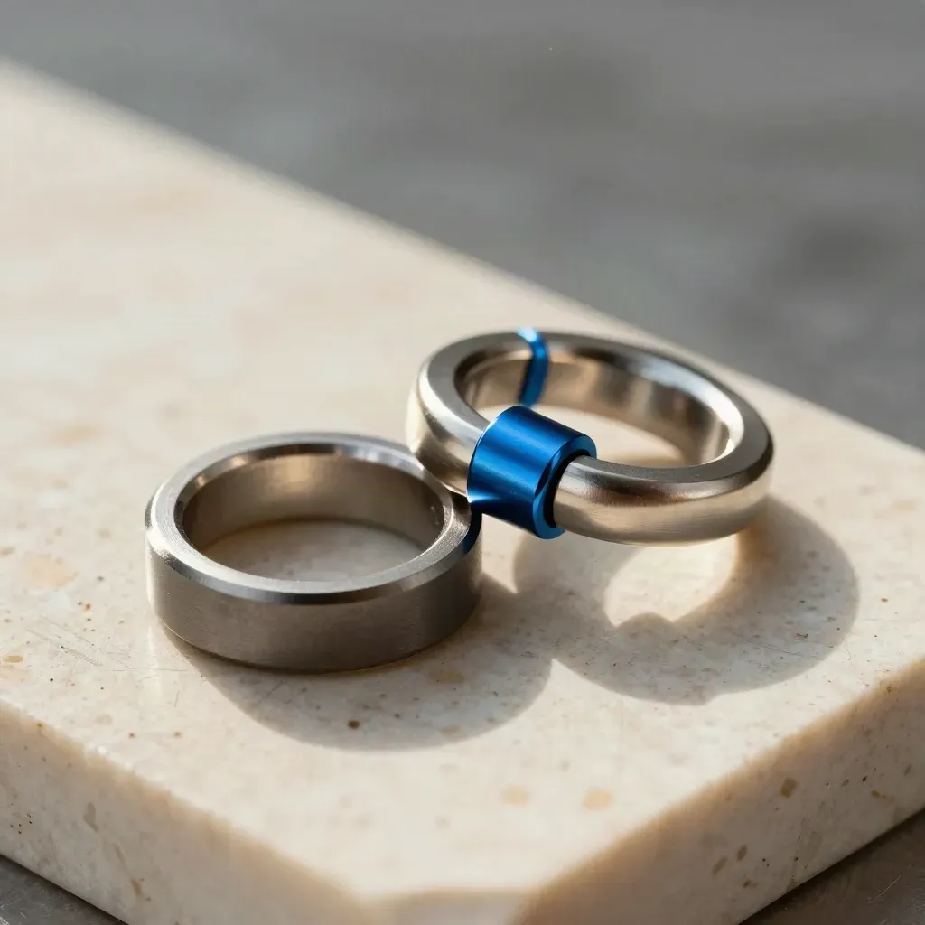 Anelli metallici interbloccati e ferrule in macro, con un dettaglio blu elettrico.