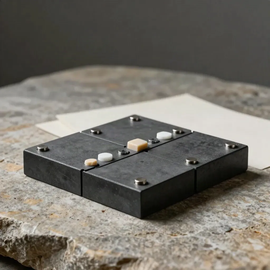 Blocchi modulari grafite con perni magnetici su pietra chiara, in luce drammatica.